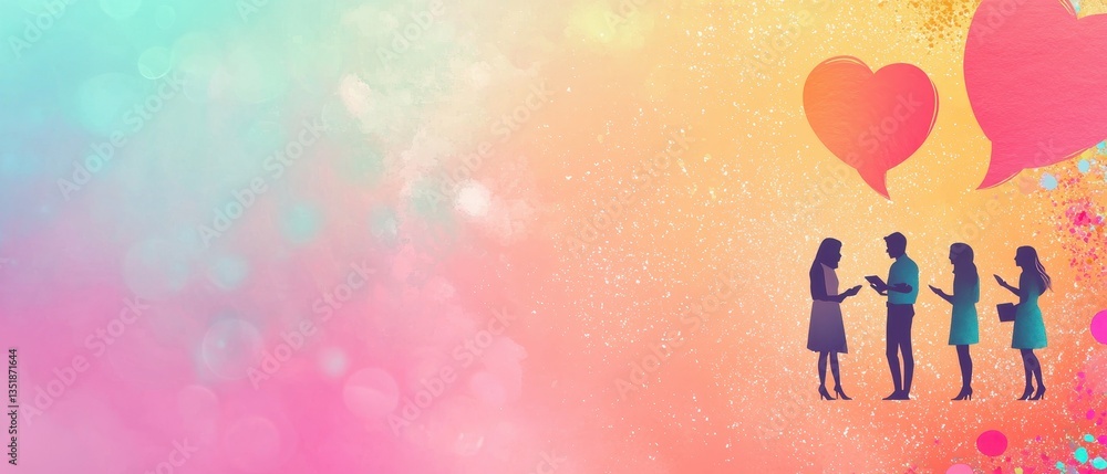 Aufkleber group of silhouetted people engaging in lively conversation with colorful heart shapes over a soft g