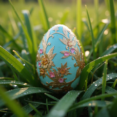 A beautifully detailed Easter egg with intricate floral patterns rests among fresh grass in the soft morning light.