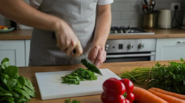 Man chopping fresh herbs in modern kitchen. Healthy cooking preparation. Home chef cutting greens for nutritious meal. Culinary skills and food prep tutorial.