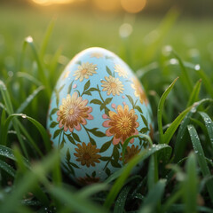 A beautifully detailed Easter egg with intricate floral patterns rests among fresh grass in the soft morning light.