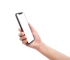 Hand holding the black smartphone with blank screen isolated on white background.