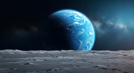 Distant blue planet with glowing atmosphere in space