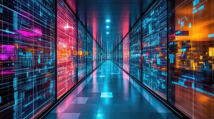 Futuristic server room corridor with digital displays