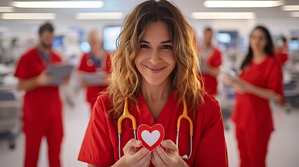 Smiling female medical professional holds a heart symbol, surrounded by colleagues in a hospital setting