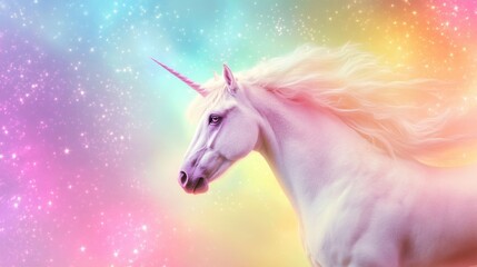 Fototapeta premium Colorful unicorn-themed background with a vibrant rainbow, glitter texture, and holographic pastel fantasy design.
