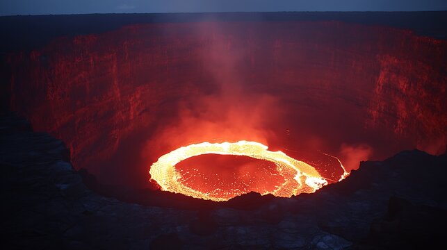 Molten lava pool inside a volcanic caldera at night time