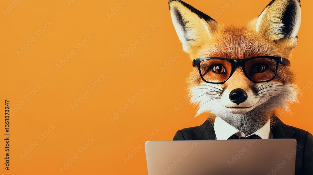 Poster a fox wearing glasses is sitting in front of a laptop. the fox is smiling and he is working on the c