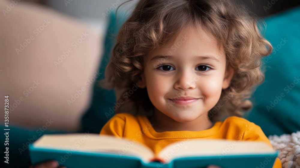 Poster a young child is sitting on a couch with a book in front of them. they are smiling and looking at th