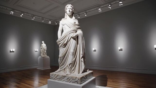 Video of classical sculptures in a gallery, captured from a low angle, highlighting the grandeur and intricate details of the art pieces.