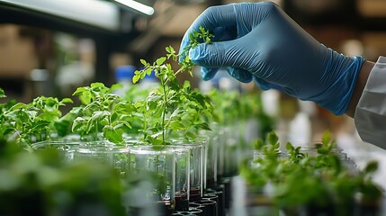 Scientist's gloved hand examines a plant seedling in a test tube.