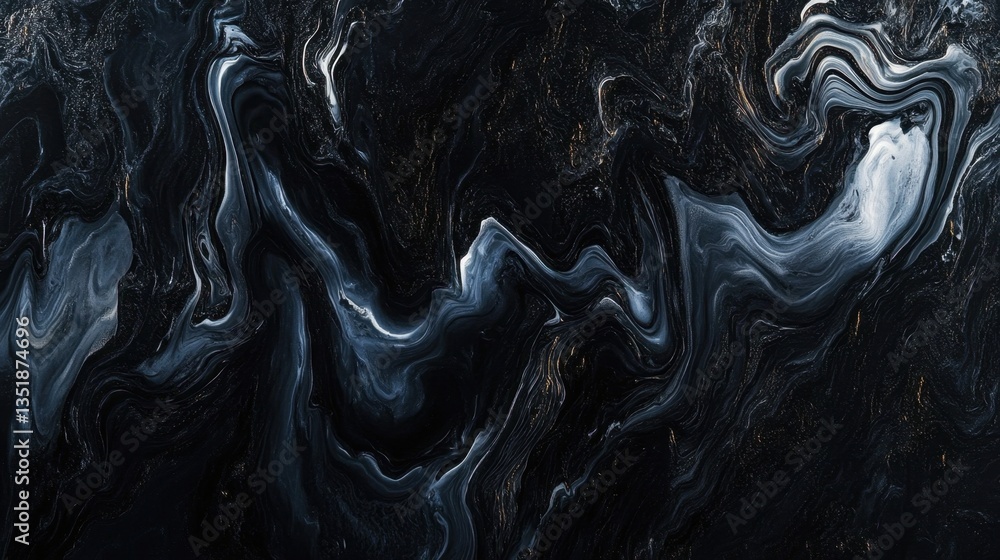 Poster dark and wavy black surface with a hypnotic flow, rich in texture and contrast. a sophisticated and 