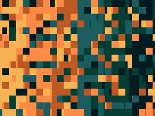 A vibrant pixelated background features contrasting shades of orange, brown, teal, and black squares.