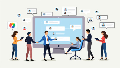 Fototapeta premium Team members collaborating with technology in a modern workspace