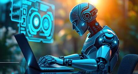 Futuristic AI robot, working on laptop, holographic displays