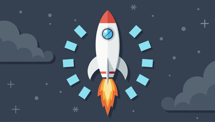 Rocket launching into dark sky with clouds