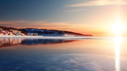 Fototapeta premium Snowy beach with gentle waves reflecting the bright, sunny sky during a warm sunset