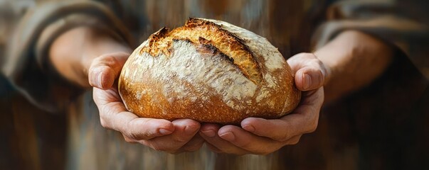 Hands Holding Rustic Bread Symbolizing Jesus Christ's Compassion and Charity