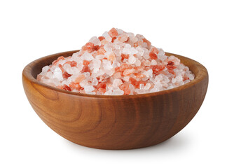 Himalayan salt in wooden bowl isolated on white background