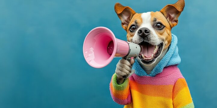 Colorful dog in rainbow hoodie using megaphone for announcements and notifications