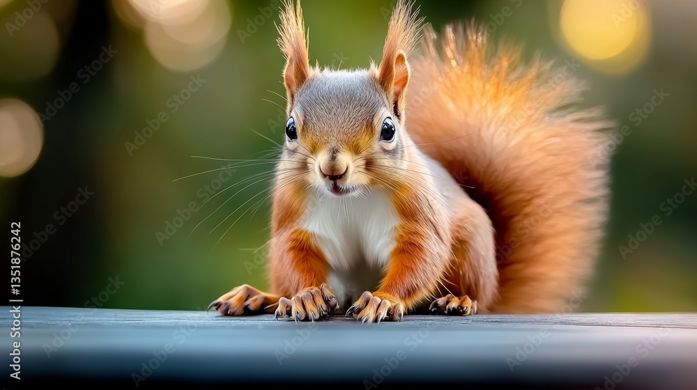 Poster a squirrel is standing on a ledge, looking at the camera. the image has a warm and inviting mood, as