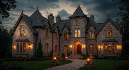 Grand Stone Residence Lit by Warm Lights at Twilight Hour