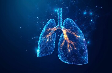 Low-poly style illustration of human lungs on a dark blue background with copy space, glowing effect, and light effects. The concept of healthcare for the chest and breathing. High-quality.