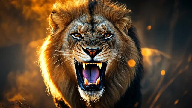 Angry lion face in golden fire background. Possible use Stock photo for wildlife, nature, animal kingdom