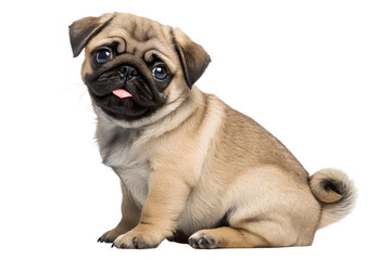 Obraz premium A precious pug puppy with a playful tongue sticking out innocently sitting against a stark black background radiating joy and charm with adorable puppy eyes and soft diffused lighting.
