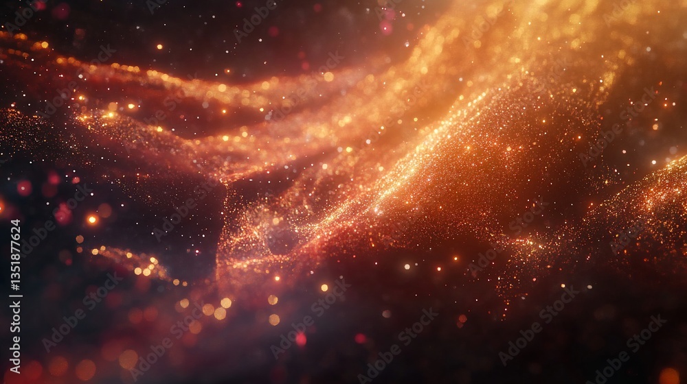 Poster abstract golden glittering particles floating in a dark background creating a magical effect