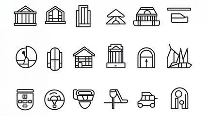 Minimalist Line Icons Representing Varied Architectural Structures and Concepts for Creative Design Projects