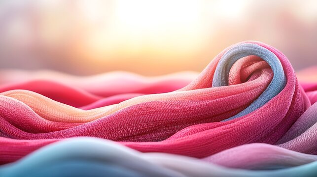 Soft, pastel fabric forms gentle waves and swirls, illuminated by warm, blurry background light