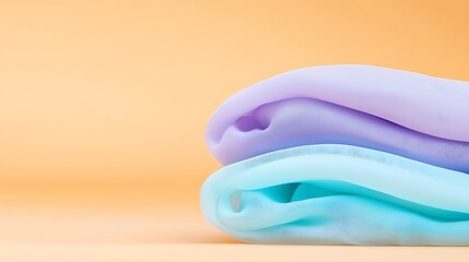 Soft, pastel-colored fabric folded neatly on a light orange background