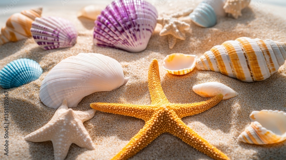 Poster a beach scene with a starfish and many shells. the shells are of various colors and sizes, and the s