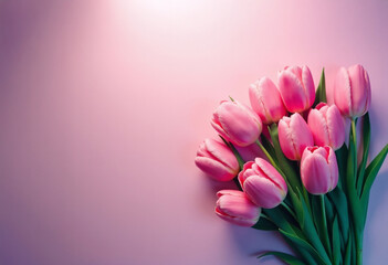 Pink tulips on a background with ample copy space.
