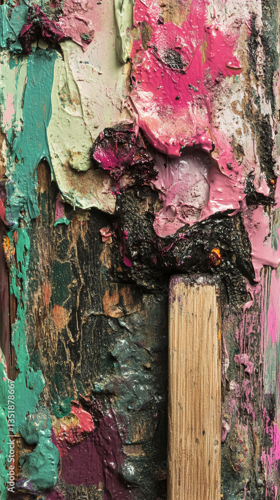 Poster close-up of textured paint palette, showcasing diverse colors and brushstrokes. represents artistic 
