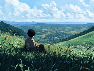 Fototapeta premium Person Sitting on Hillside Enjoying View of Rural Landscape with Flowers