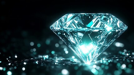 Glowing neon diamond icon in white and aqua on black background

