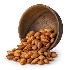 Raw almonds spilling from wooden bowl isolated on white background