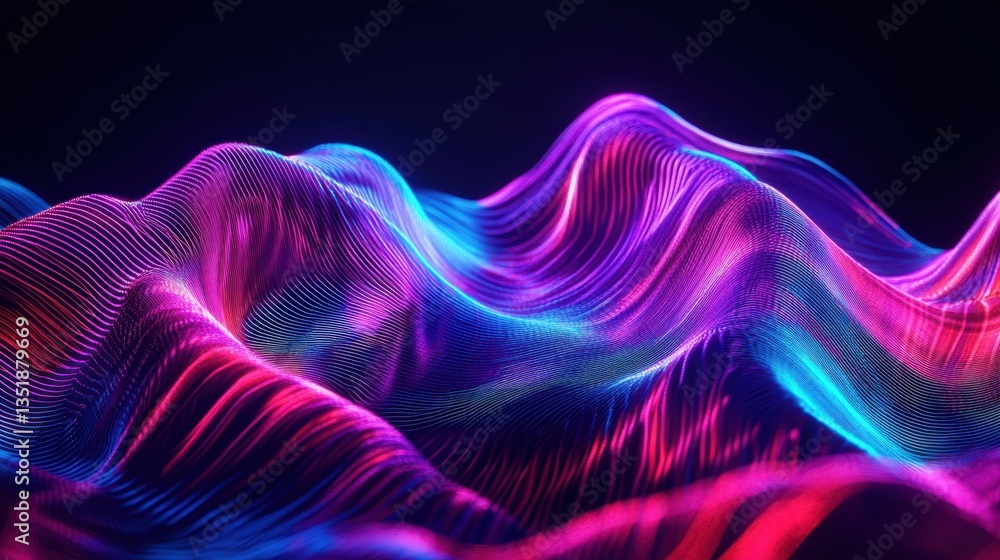 Poster dynamic wave lines of vibrant neon light flowing against a deep black background. abstract energy an