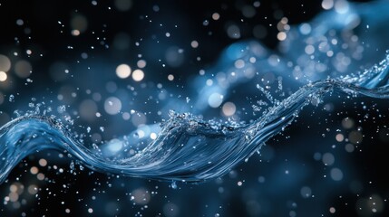 Dynamic splashing water panorama, crisp blue liquid forming elegant curves with soft bubbles.