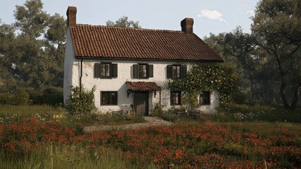 White Cottage Amidst Red Poppies in a Sunny Field