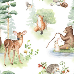 Watercolor seamless pattern with forest baby animals. Cute fox, deer, rabbit, hedgehog and bear illustrations for children. Woodland landscape texture, print, cards, textile, wallpaper, wrapping. © Victoria Pak