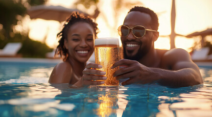 Photograph of a happy African American couple toasting with beer in an outdoor pool, with sunset lighting and a bokeh effect, during a summer vacation. 