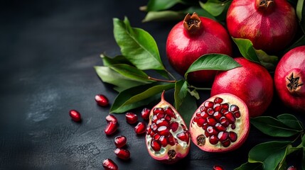 A close up of a bowl of red pomegranates with a few pieces missing. The bowl is on a dark background, and the pomegranates are surrounded by green leaves
