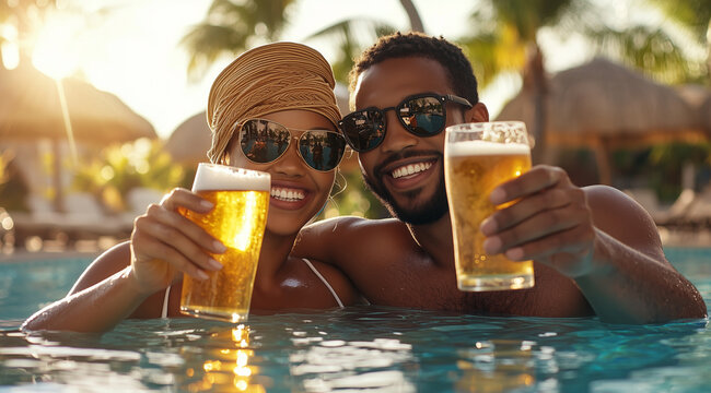 Young, happy Black couple toasting with beer in a pool, sunset light, enjoying a summer vacation at a resort hotel. 