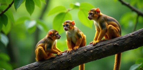 Fototapeta premium Trio of squirrel monkeys perched on a thick tree limb, group, Central American