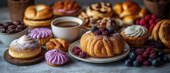 Elegant photo of breakfast with pastries and coffee on a white table under natural light gives a warm and bright feeling for use in cafe advertisement or food blog to inspire readers and customers.