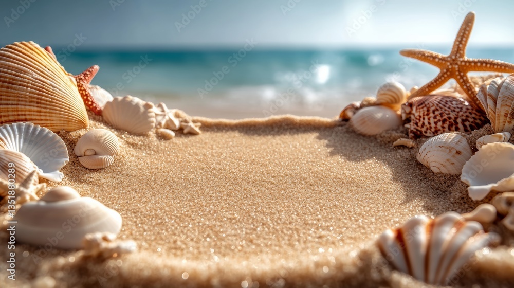 Aufkleber a beach scene with a large starfish and many shells. the shells are scattered across the sand, creat