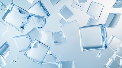 Elegant 3D abstract background with floating glass shapes, blue dispersion reflections, and a soft light gradient effect. A modern design concept.