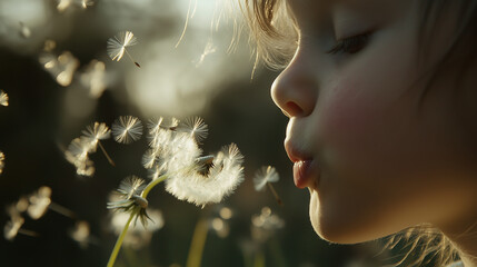 girl blowing dandelion Floating Dandelion Seeds in the Breeze – A Symbol of Ephemeral Beauty